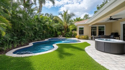 A private backyard oasis with a swimming pool, hot tub, and green grass.