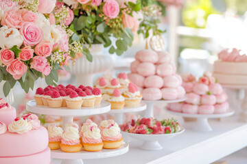 Delicious pink sweets and cakes on a white table with flower bouquets for a birthday party outside