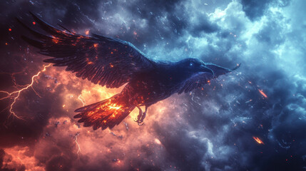 Obraz premium Raven flying amidst stormy skies and lightning