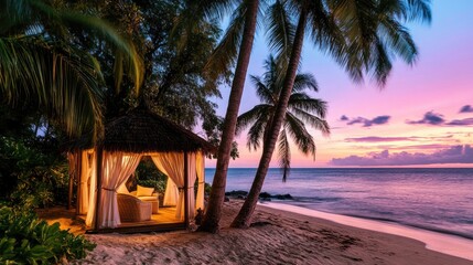 Obraz premium A relaxing scene of a beachside cabana under palm trees with the sunset glow.