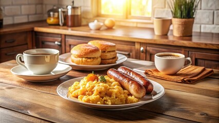 A delightful breakfast scene featuring scrambled eggs, savory sausages, and freshly baked bread, accompanied by steaming mugs of coffee, all set on a rustic wooden table bathed in warm sunlight.