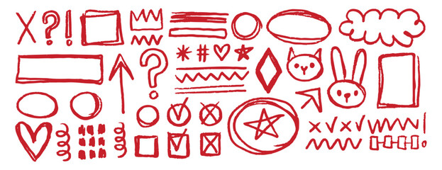 Red underline doodle pencil hand drawn elements set. Grunge line ellipses, punctuation marks, direction pointers, arrows, stars, question mark. 
