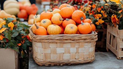 A rustic market basket with a checkerboard pattern, filled with seasonal fruits at a farmer's market.