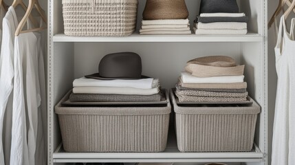 Organized Closet with Baskets and Neatly Stacked Towels and Textiles