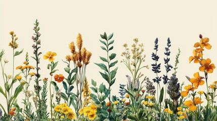 Watercolor wildflowers painting with yellow, blue and orange floral illustration a delicate floral motif and an artistic botanical field