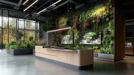 Obraz premium Eco-friendly innovation lab featuring sustainable tech solutions and virtual displays