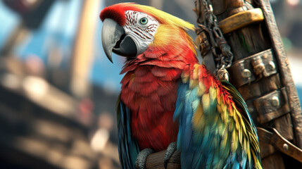 Vibrant parrot perched on wooden pole.