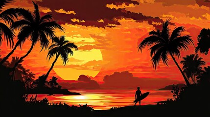 A silhouette of a surfer walking under palm trees at sunset along the beach.