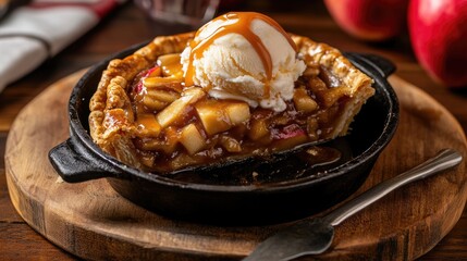 A slice of warm apple pie topped with caramel sauce and ice cream.
