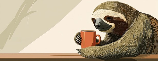 Fototapeta premium Business sloth coffee breaks Relaxed Sloth Enjoys Warm Beverage in Cozy Indoor Setting