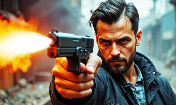 a man shoots with fire effects from a gun