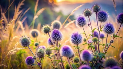 Obraz premium Golden Hour Meadow A Field of Delicate Purple Globe Thistles Basking in the Warm Sunset Glow
