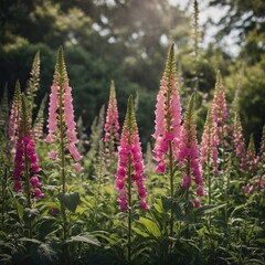 Obraz premium A dreamy garden scene with pink foxgloves swaying in the breeze.