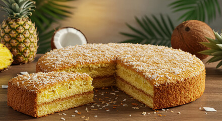 A tropical coconut pineapple cake with shredded coconut and pineapple chunks baked into the batter, showcasing its exotic flavor