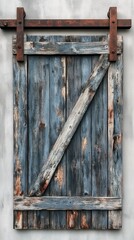 A barn-style wooden door with weathered paint and natural wood textures