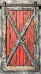 A barn-style wooden door with weathered paint and natural wood textures