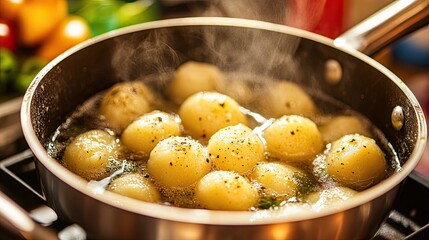 A traditional pot of potato gnocchi boiling in salted water.
