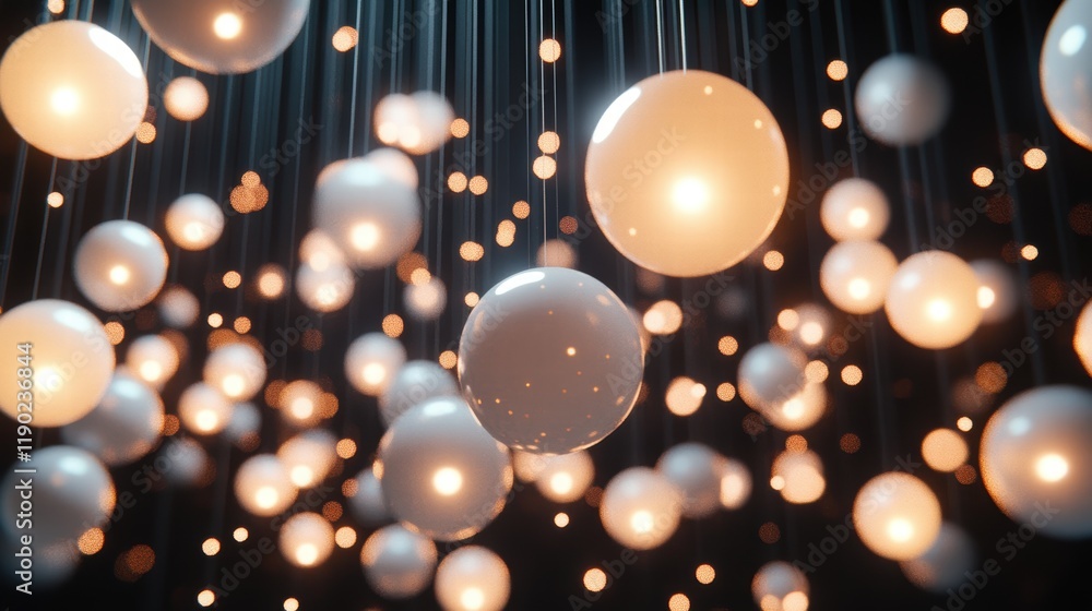 Poster a beautiful bokeh light display with shining orbs of different sizes, glowing against a black backdr
