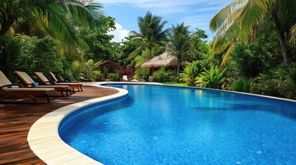 A tranquil backyard with a large swimming pool, palm trees, and lounge chairs.