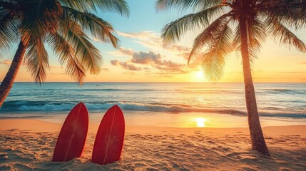 A tropical beach with surfboards resting near palm trees during a stunning sunset.