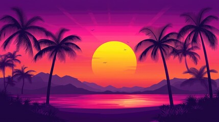 A tropical paradise beach with scattered palm trees and a mesmerizing sunset.