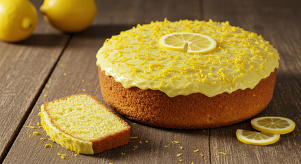 A zesty lemon cake decorated with lemon zest and thin lemon slices on a rustic kitchen counter, showcasing its citrusy appeal