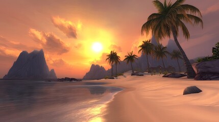 A tropical paradise with palm trees, soft sands, and a breathtaking sunset sky.