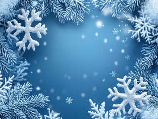 A blue winter scene with light blue snowflakes gently falling, and a neat rectangular frame for text in the center