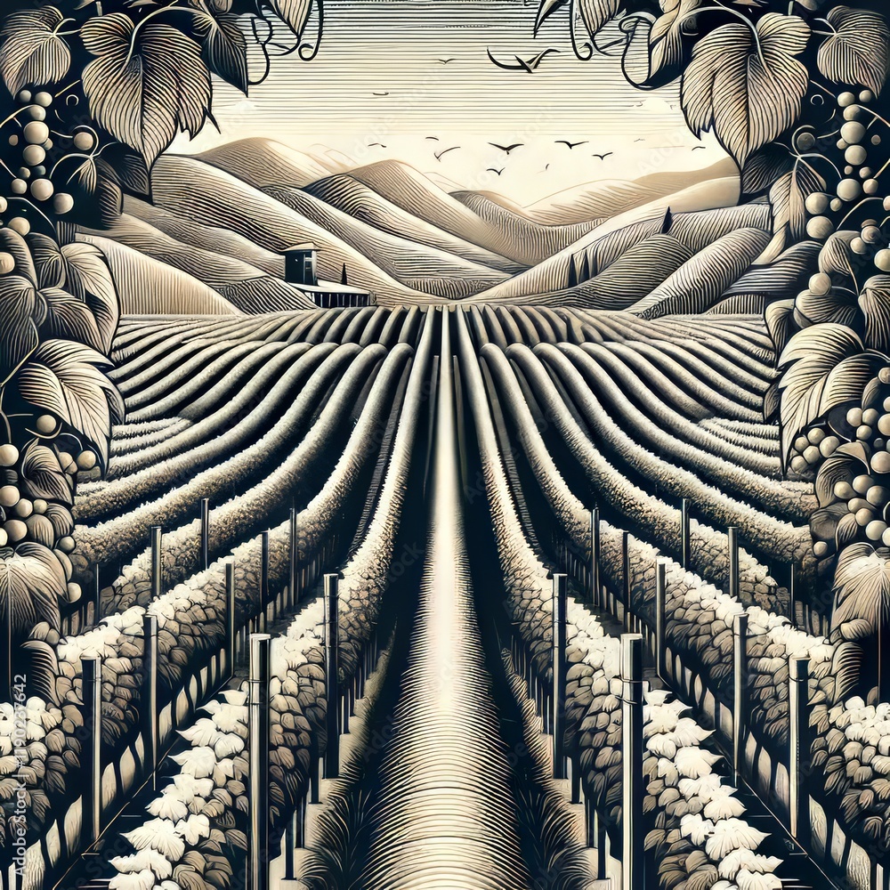 Aufkleber vineyard rows repeating patterns of vines varying perspective to