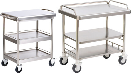Stainless Steel Serving Carts leek and modern stainless steel serving carts with multiple shelves and rolling casters, hospitality, or commercial kitchens. isolated on transparent background