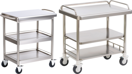 Stainless Steel Serving Carts leek and modern stainless steel serving carts with multiple shelves and rolling casters, hospitality, or commercial kitchens. isolated on transparent background