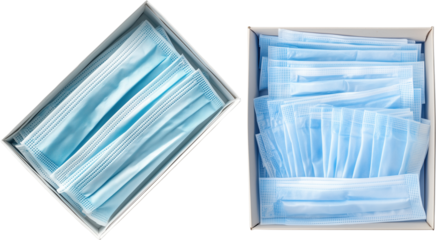 Surgical Face Masks in Packaging: A top-down view of two boxes containing folded surgical face masks. The image highlights the cleanliness and quality of the masks.