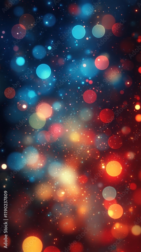 Poster a blurred bokeh pattern with glowing multicolored circles in shades of red, blue, and green, creatin