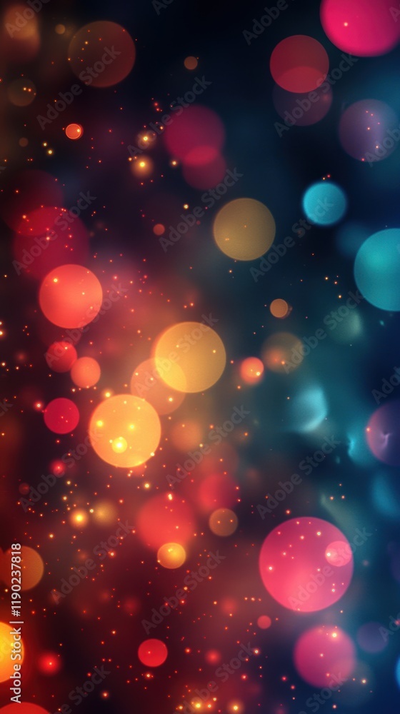 Poster a blurred bokeh pattern with glowing multicolored circles in shades of red, blue, and green, creatin