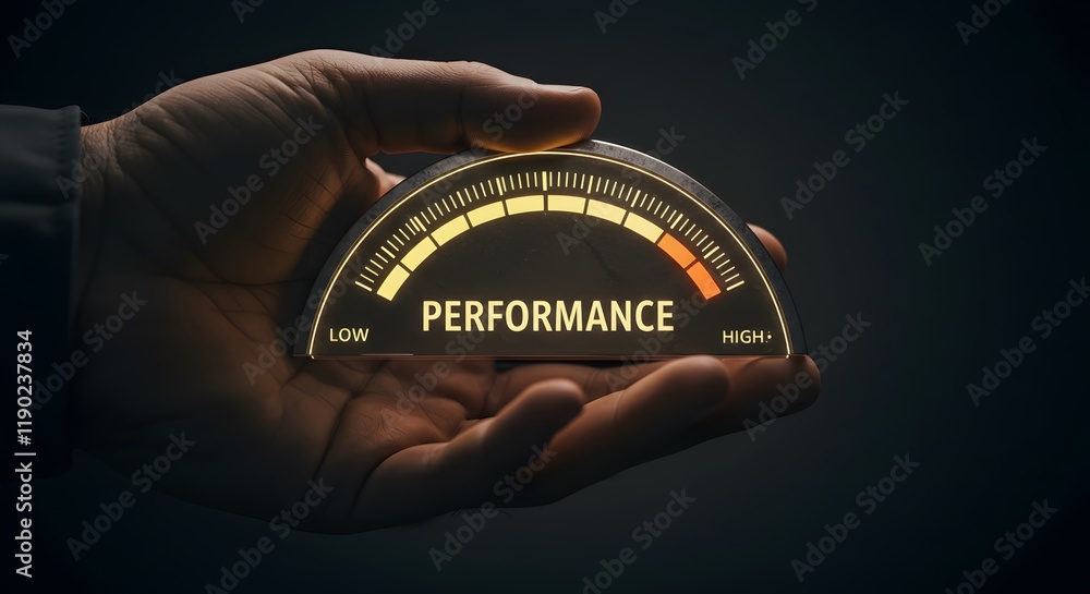 Poster performance concept showing performance gauge in hand with glowing meter indicating high performance
