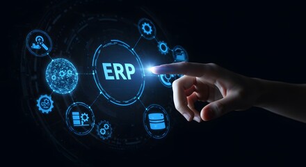 ERP system innovation with a futuristic digital interface showcasing advanced planning, resource management, and seamless technology integration for smart business solution and optimized operation