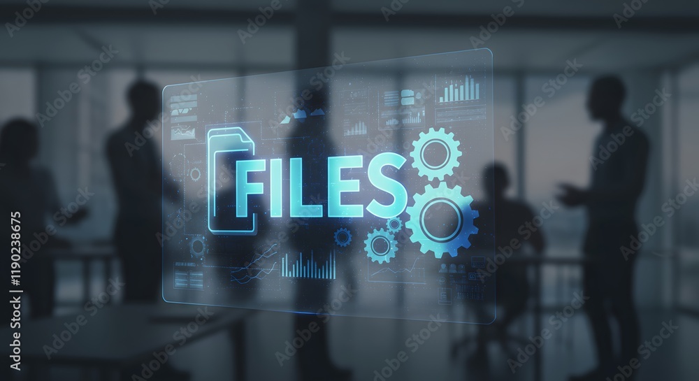 Poster file management system with glowing blue text and gear illustration showcasing modern collaboration 