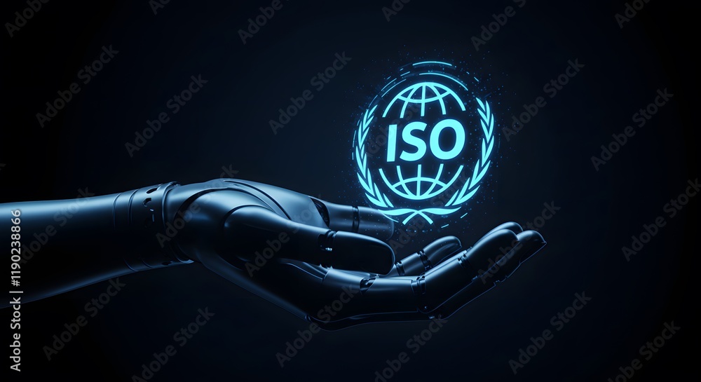 Poster iso certification symbol held by robotic hand in a glowing futuristic style for standardization and 