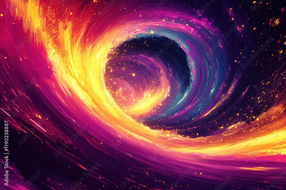 Poster a bright and vibrant pixel art scene with swirling gradient patterns in neon purples and yellows, cr