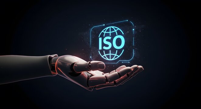 ISO certification symbol held by robotic hand in a glowing futuristic style for standardization and quality assurance in technology