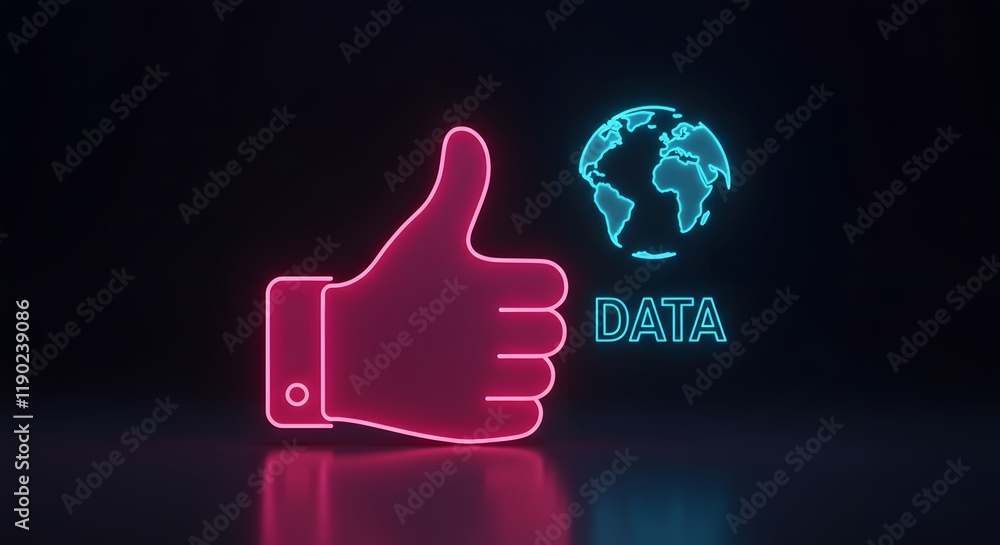 Aufkleber creative glowing hand icon showing global data support concept in neon design with earth hologram fo