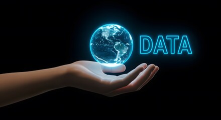 Digital transformation concept with glowing earth hologram representing global data management in futuristic style with open hand under artificial intelligence technology theme