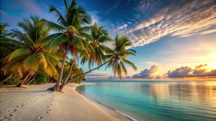 A serene beach at sunrise with palm trees swaying gently in the breeze and the warm sand stretching out to the crystal-clear turquoise water, paradise island, tropical