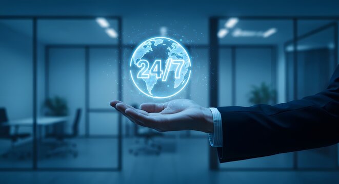 Constant availability concept with 24 7 holographic globe resting on hand in corporate environment