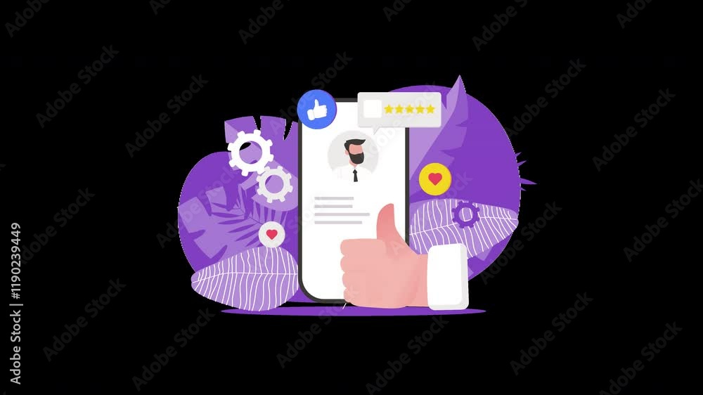 Poster a digital concept showing user feedback and ratings on a mobile device with gears and thumbs up, ref