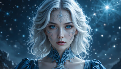 Fairytale ice queen with long white hair and blue eyes under starry night sky.