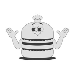 Funky burger character in trendy retro groovy style. Psychedelic fast food mascot with face and hands. Cool vector sticker in black monochrome palette