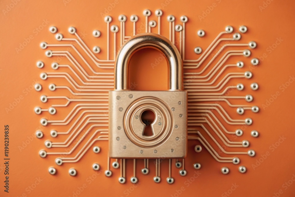 Poster a golden padlock is centered on an orange background, surrounded by intricate circuitry, symbolizing