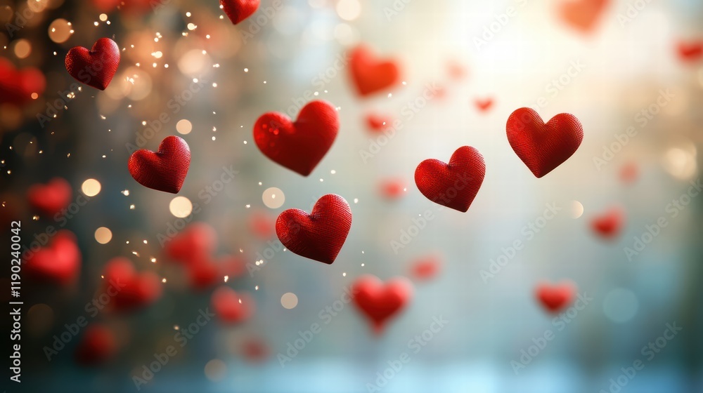 Poster a cheerful background with red heart icons scattered in the air, with soft light effects and playful