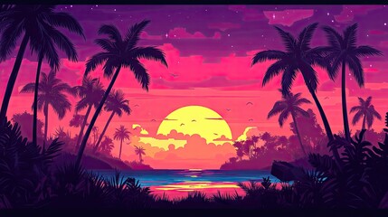 Silhouetted palm trees against a vibrant pink and purple sunset sky by the beach.